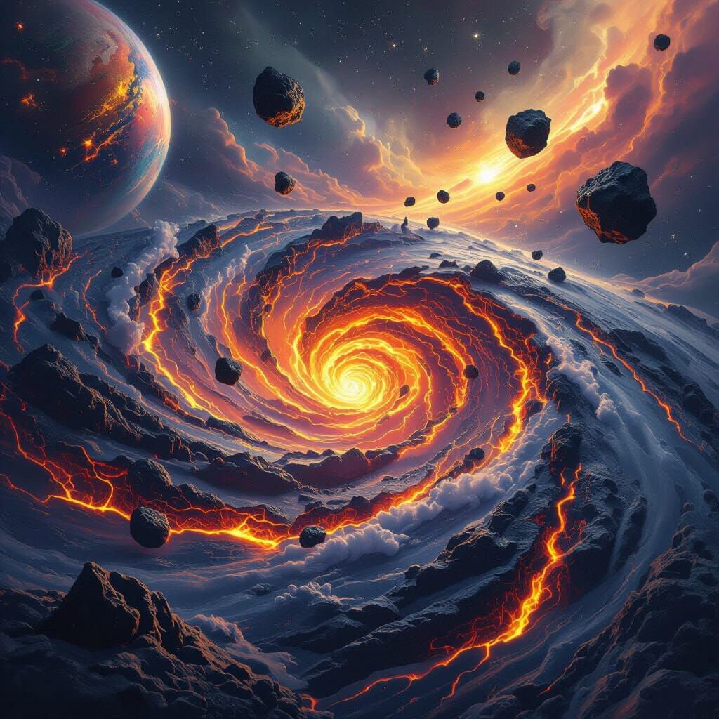 Cosmic Vortex of Lava, Water, and Asteroids Near Planet