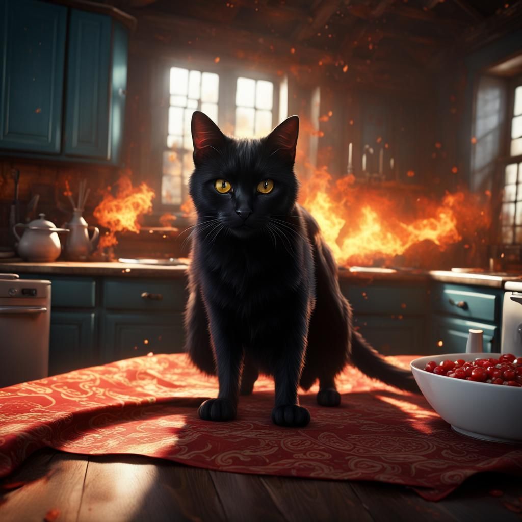 Arrogant Cat Causes Kitchen Fire, Fantasy Concept Art