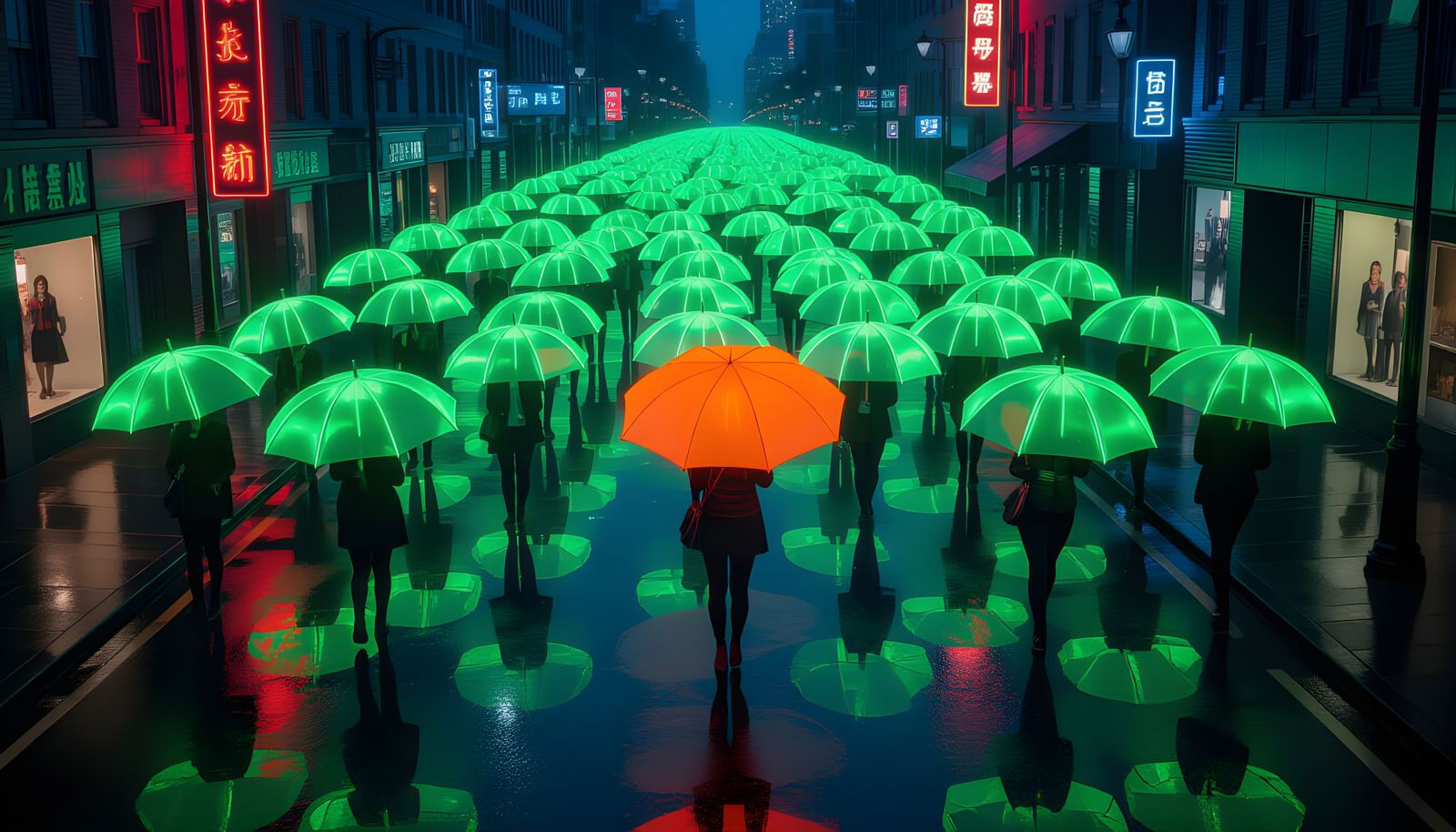 Neon Umbrellas in Rainy Cityscape: Urban Realism