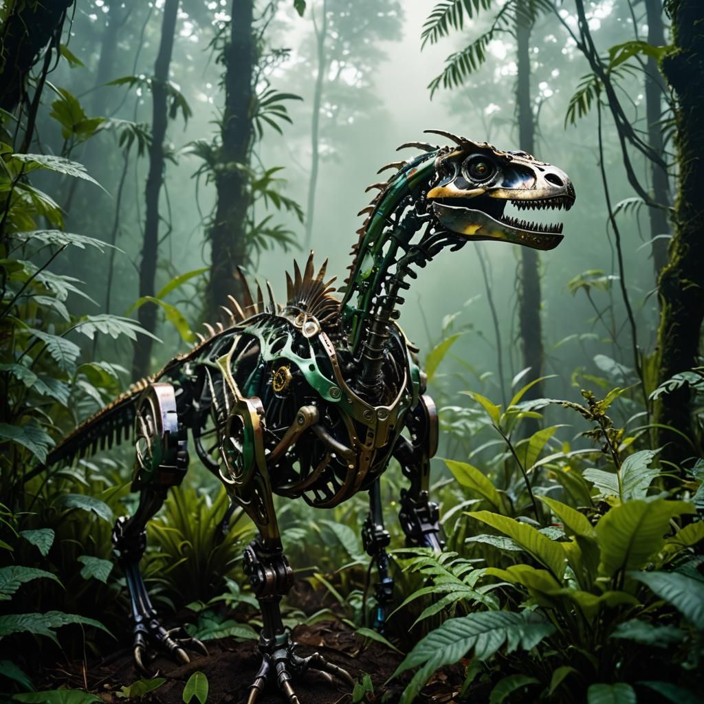 Biomechanical Velociraptor Sculpture in Foggy Jungle