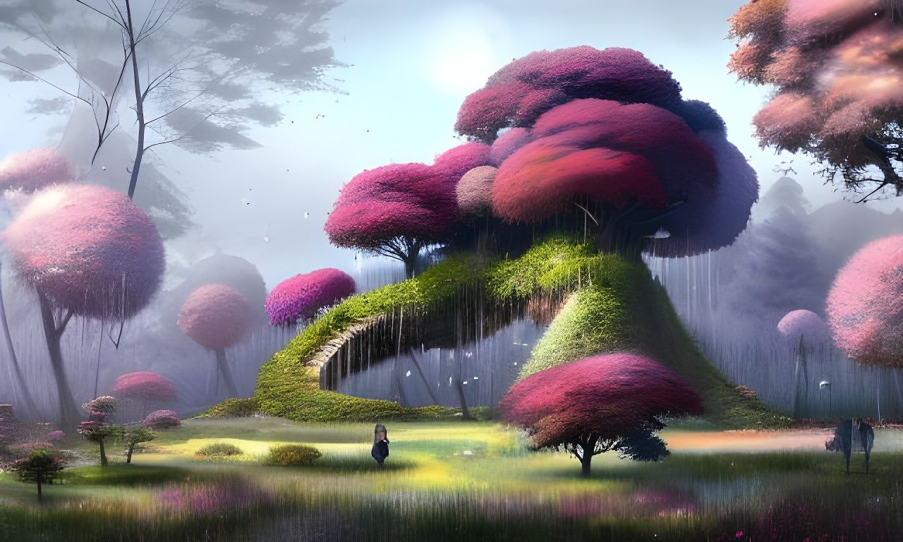 Topiary Treehouse Landscape in Detailed Digital Illustration