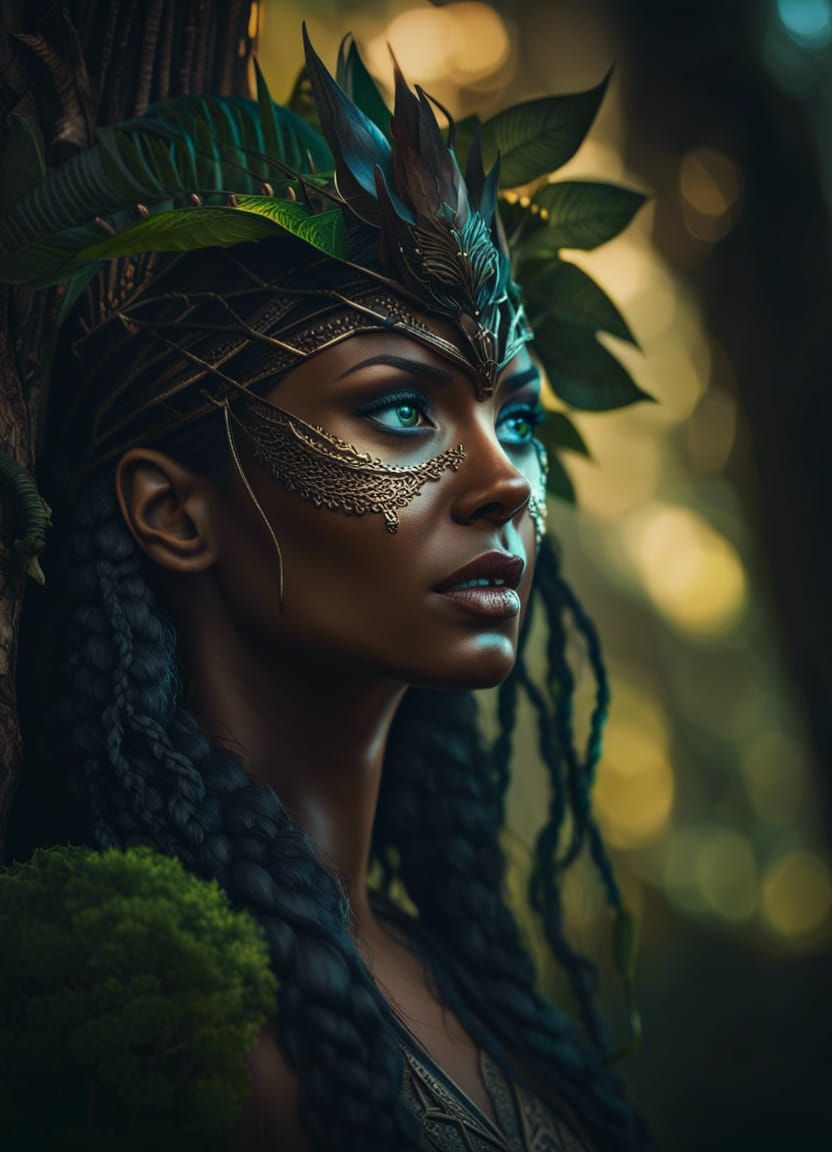 Fantasy Tree Woman Warrior Portrait in Vivid Colors