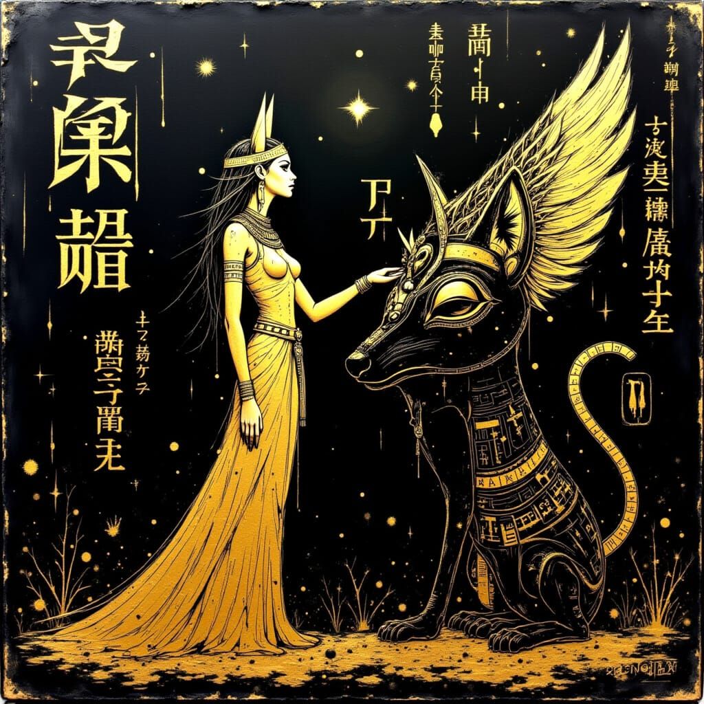 Egyptian Gods Bastet and Anubis in Gold Ink