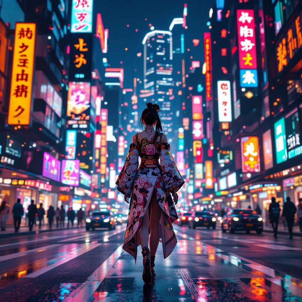 Woman in Neon Cityscape, 3D Anime Style