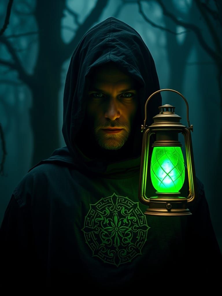 Green Lantern in Misty Forest with Celtic Lantern