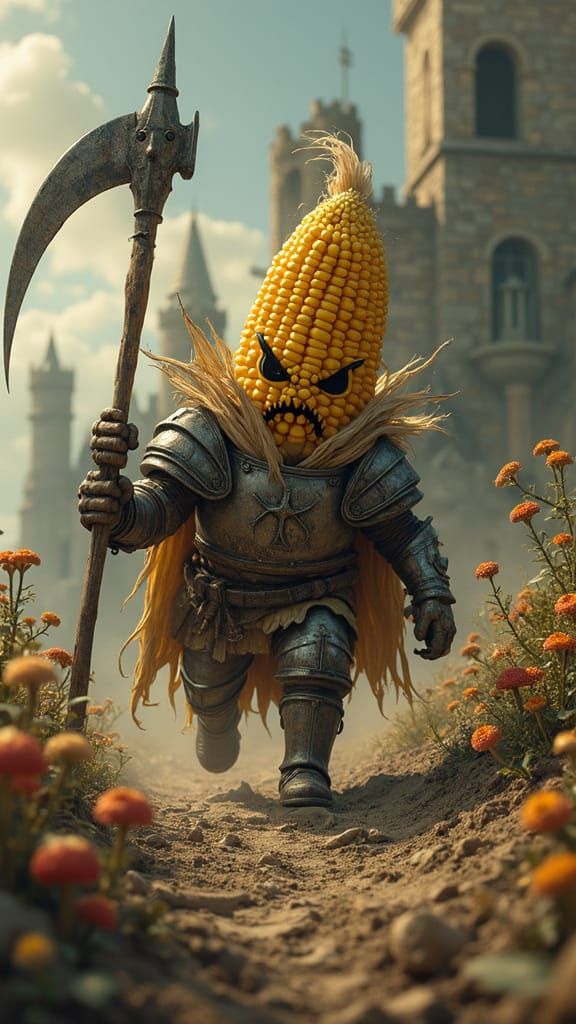 Fantasy Corn Cob Knight Trudges Through Ruined Landscape