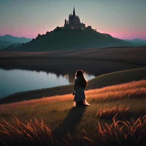Cinematic Girl Gazing at Sky Castle at Sunset