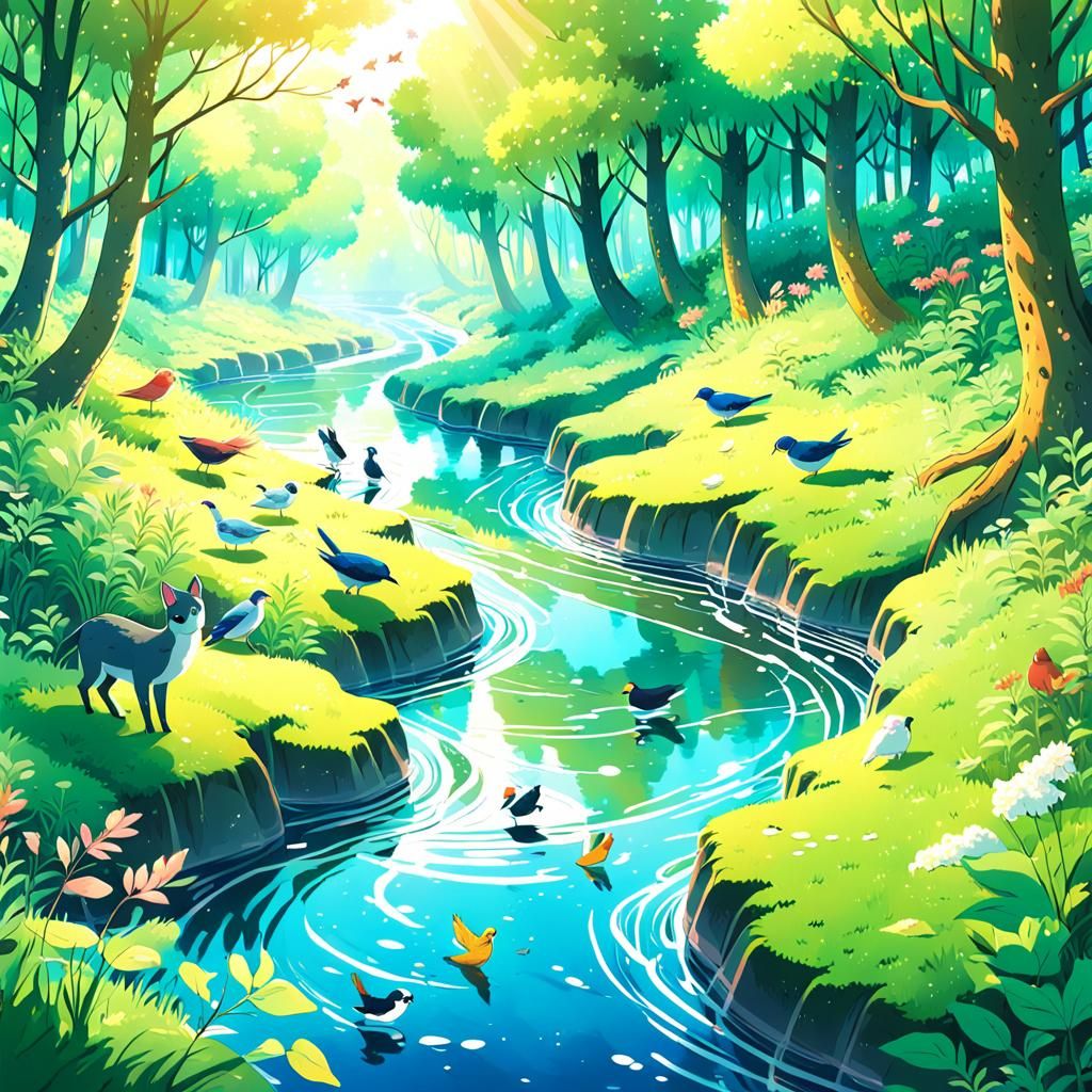 Anime Key Visual of Animals at Forest River