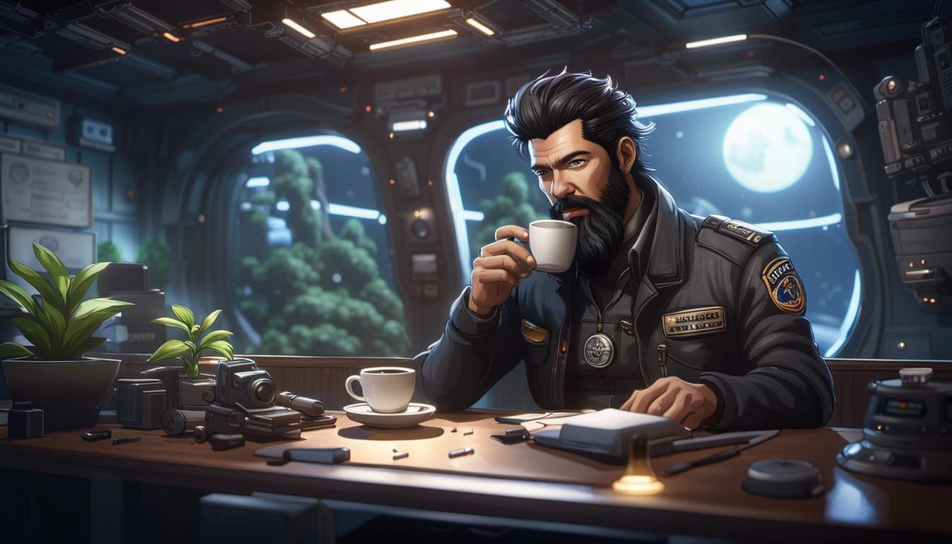 Hyperrealistic Detective in Futuristic Office