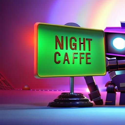 Cute Robot Holding Night Cafe Sign in 3D Style