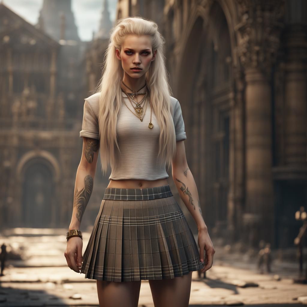 Punk Woman in Beige Plaid Skirt: Detailed Matte Painting