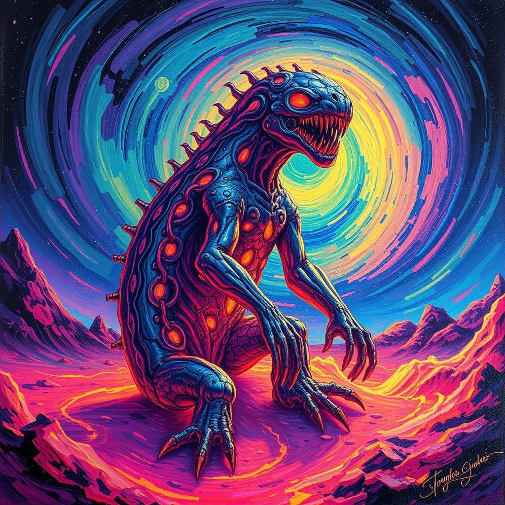 Iridescent Molten Creature Emerges from Fluorescent Vortex