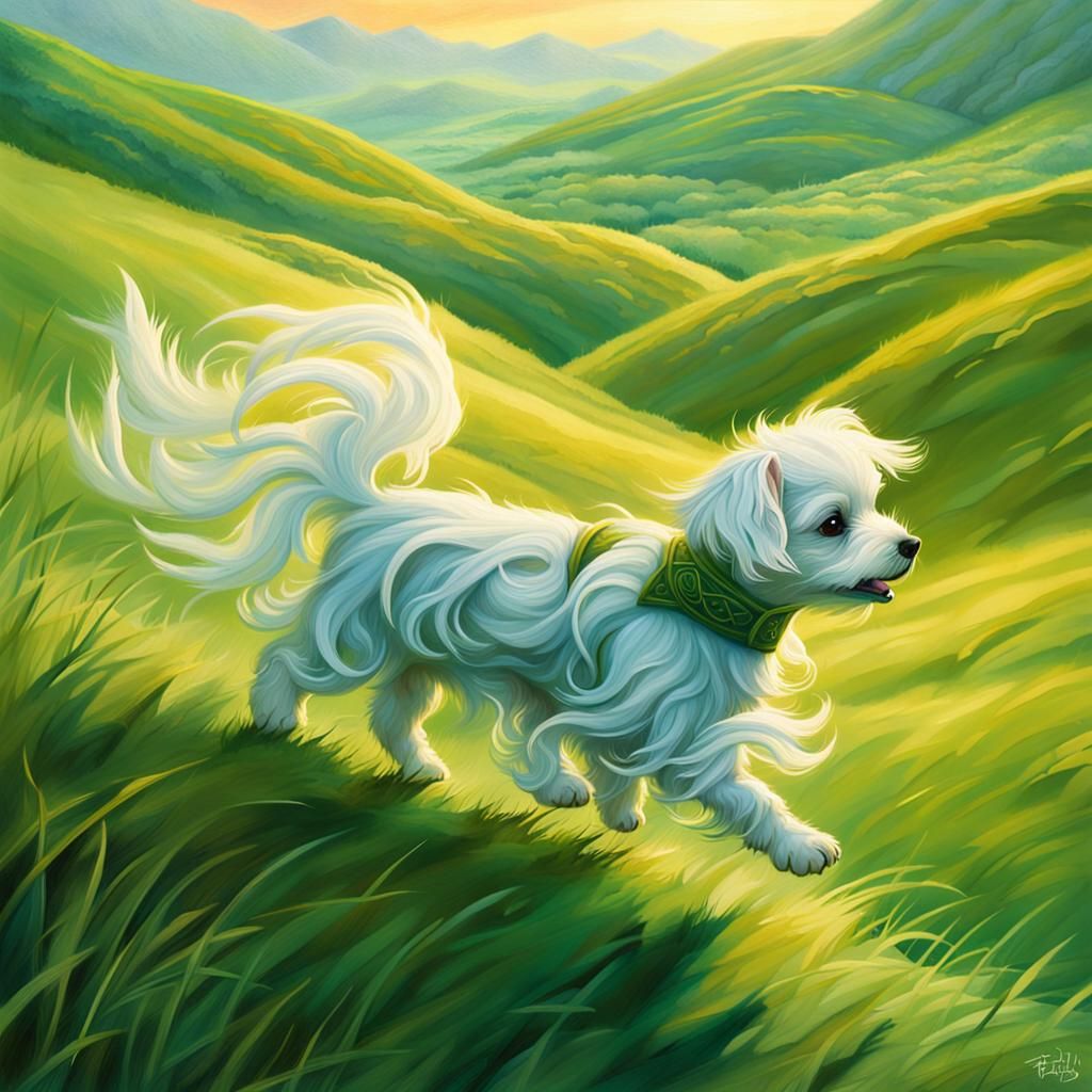 Celtic Maltese Pup in Irish Hills: Fantasy Art