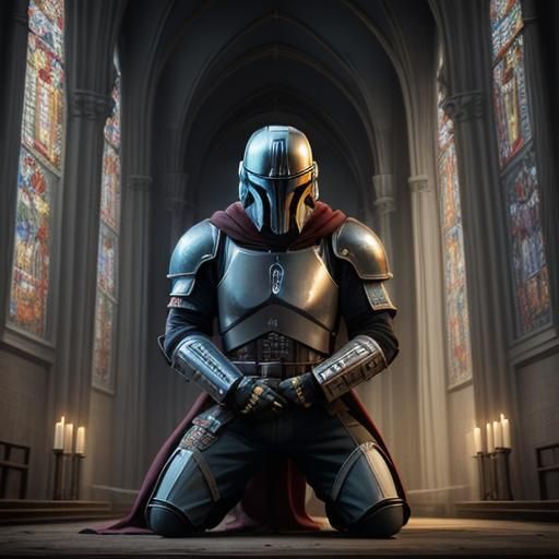Mandalorian Knight Templar in Cathedral: Dark Fantasy Art