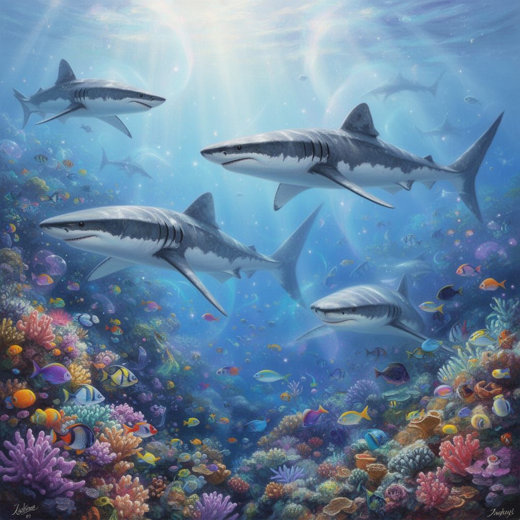 Ethereal Underwater Scene with Great White Sharks and Coral ...