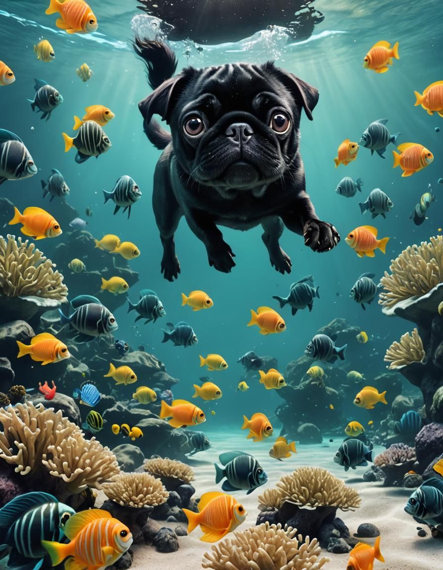 Pug's Underwater Adventure in Vibrant 3D Rendering