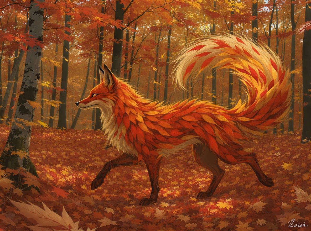 Autumnal Fox in Whimsical Woodland Scene
