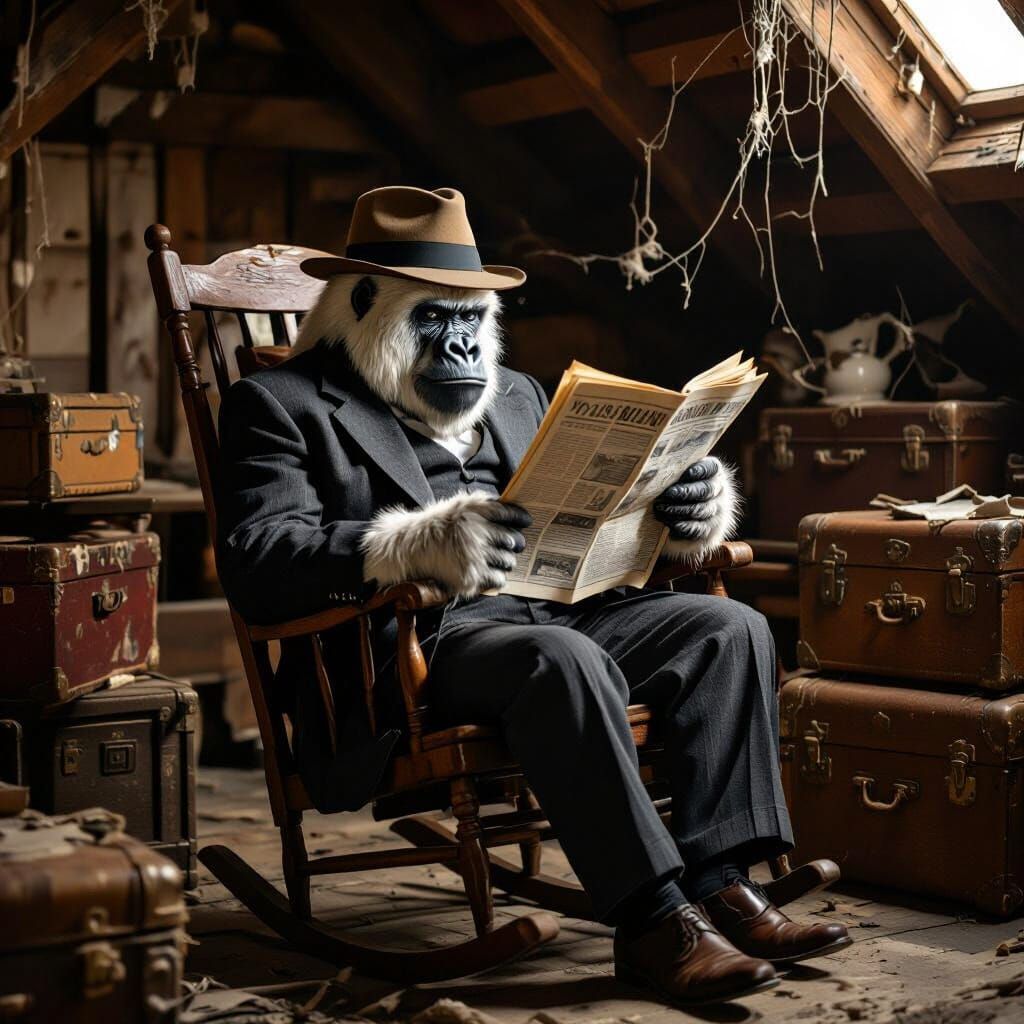 Gorilla Reads Newspaper in Attic, Rockwell Style