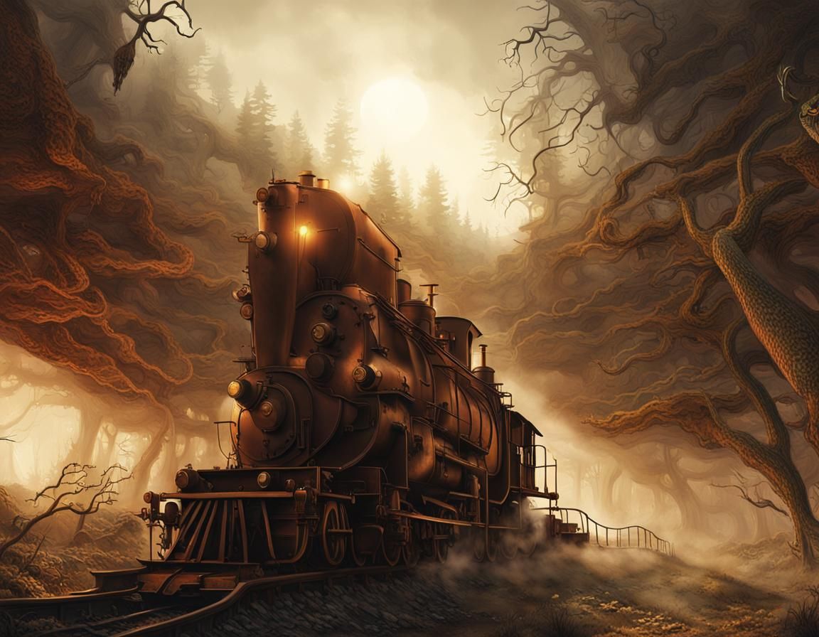 Steampunk Train in Spooky Forest Landscape