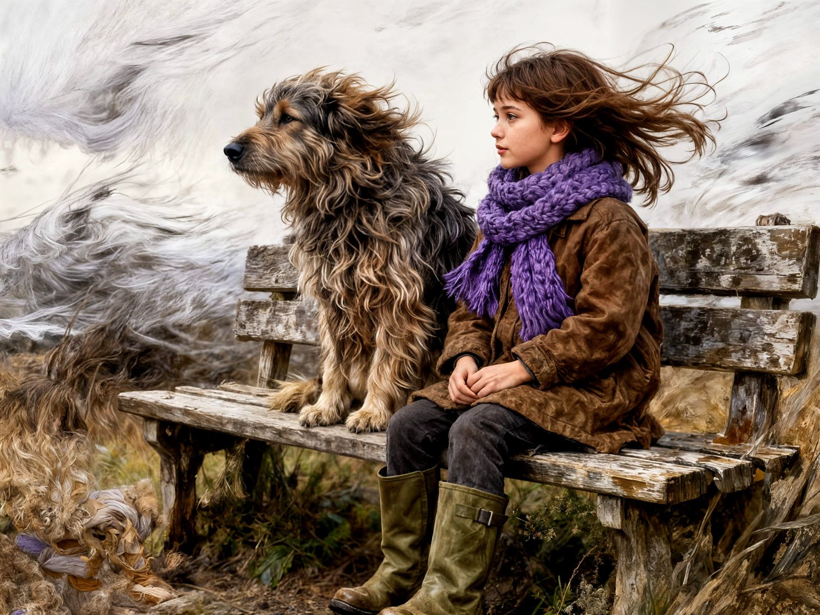 Girl and Shaggy Dog on Bench in Autumn