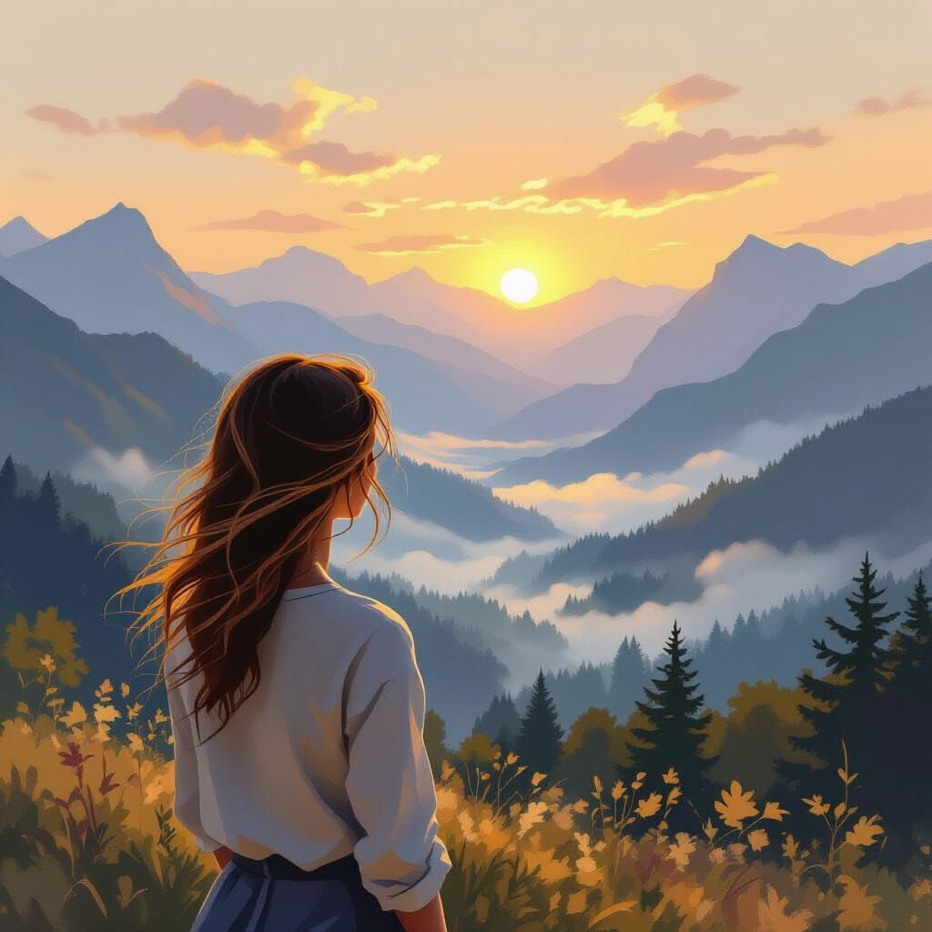 Woman Gazes at Mountain Vista at Dawn in Impressionist Style