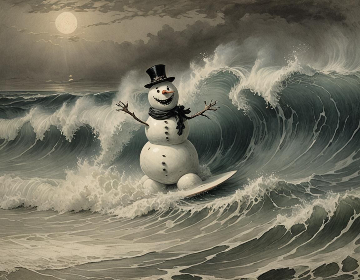 Frightful Snowman Surfing a Wave at the Beach