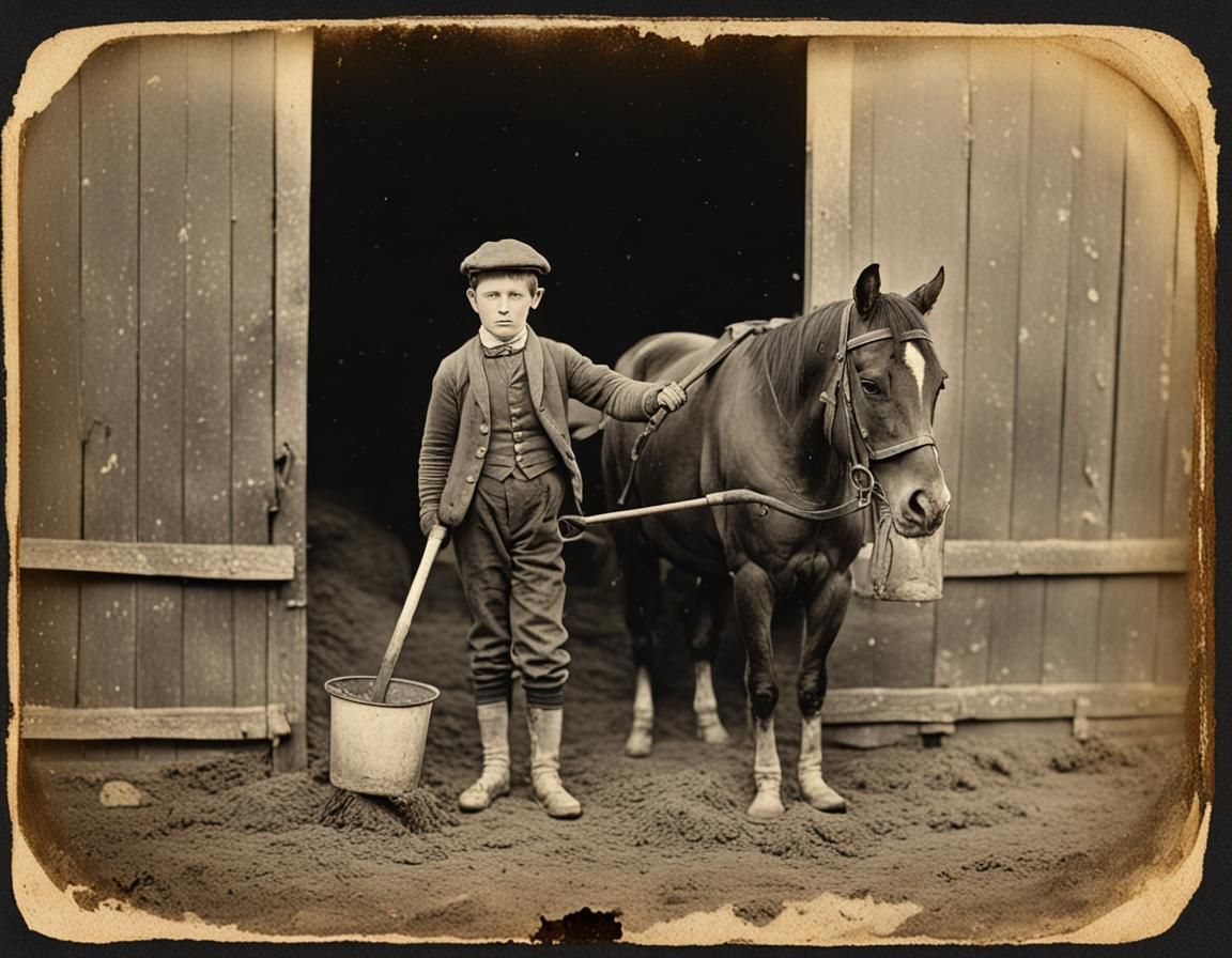 Victorian Stable Boy Shovelling Manure: Daguerreotype Style