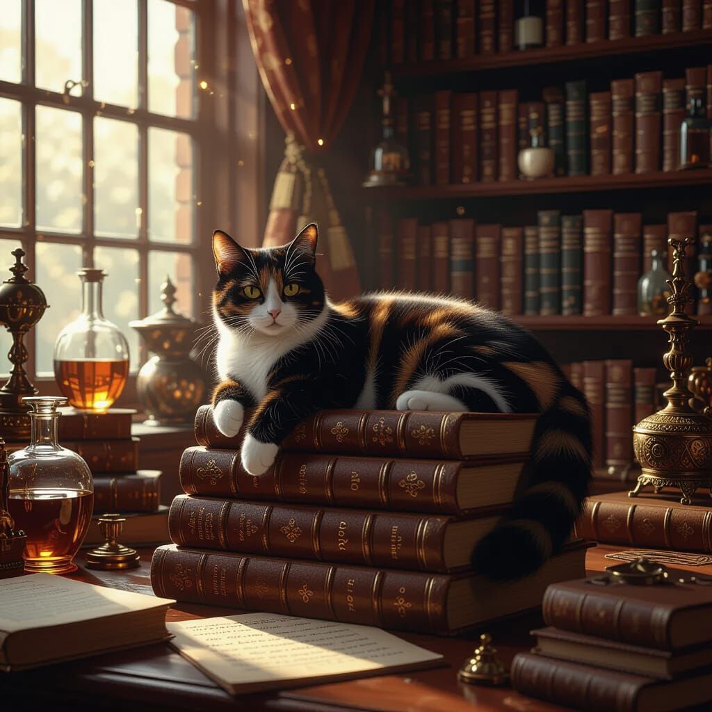 Victorian Library Cat Lounging on Books