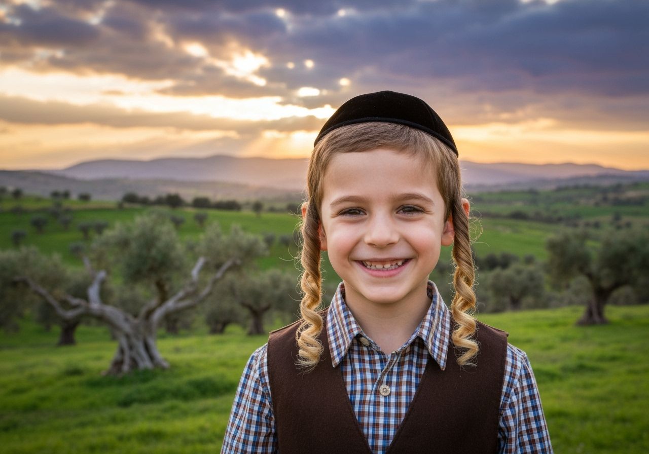 Joyful Orthodox Jewish Boy in Israeli Countryside at Sunset