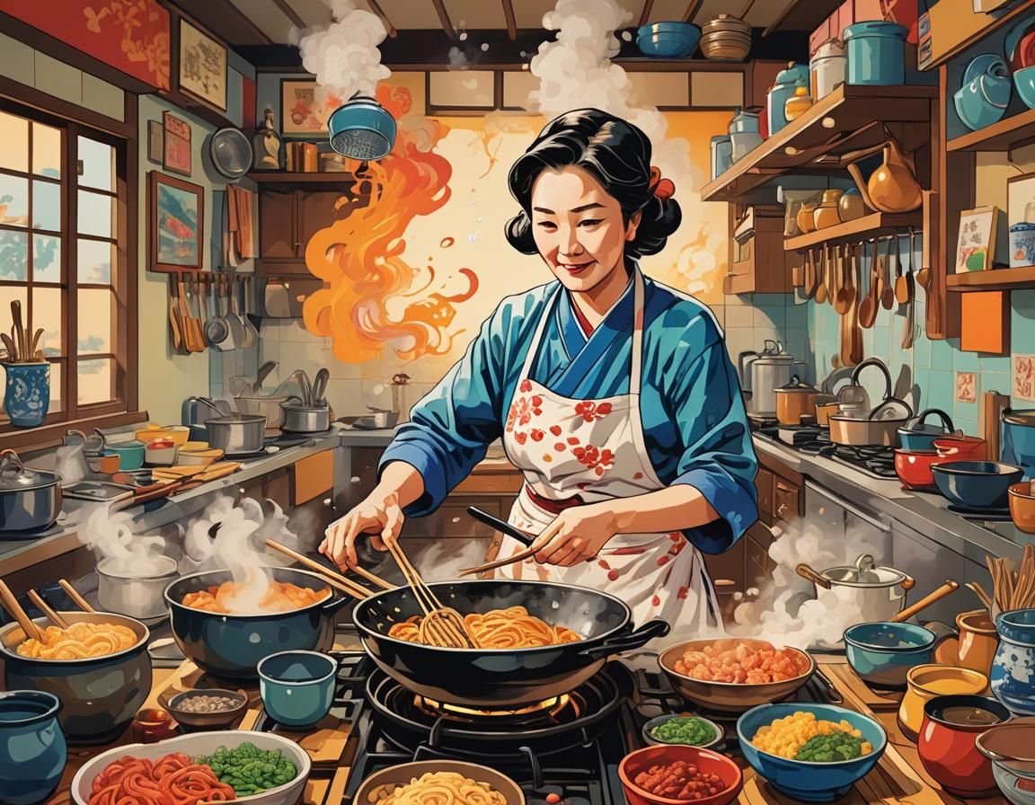 Ukiyo-e Pop Art: Mother Cooking in Vibrant Kitchen