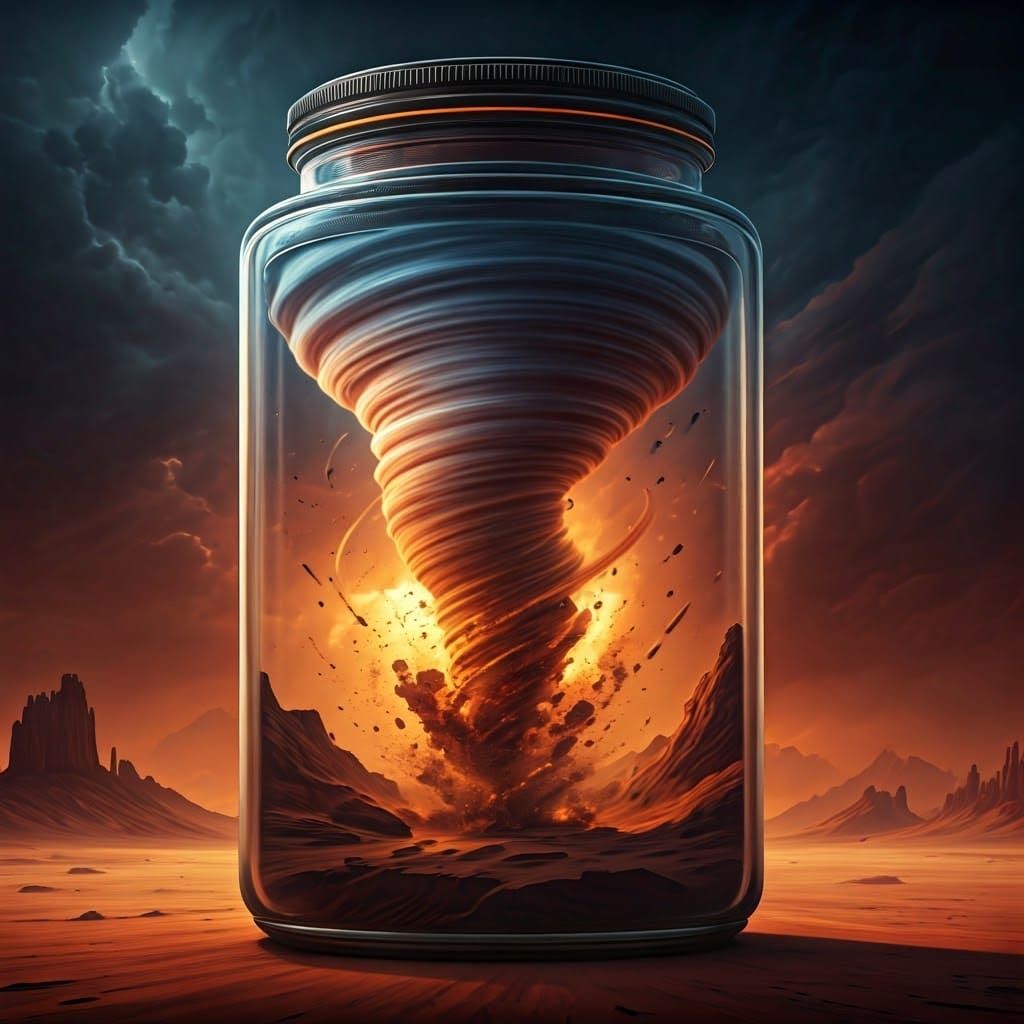 Desert Tornado in Glass Jar: Detailed Digital Art
