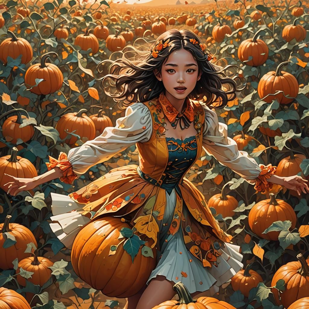 Anime Girl Dancing in Pumpkin Field with Autumnal Swirls