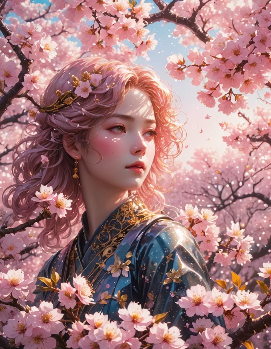 Baroque Glass Woman in Cherry Blossom Forest