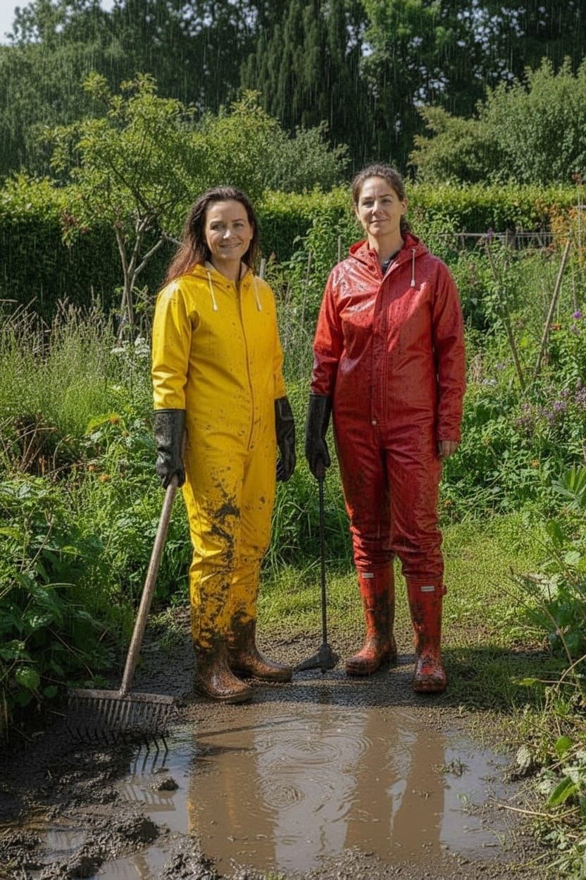 Women in Rubber Gloves with Tools, Muddy and Wet