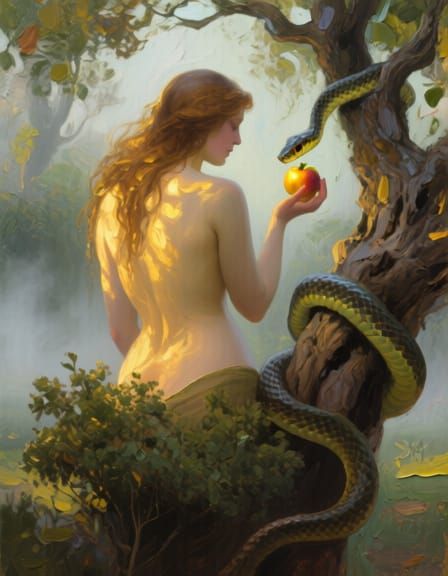 Impasto Painting of Eve and Serpent in Eden