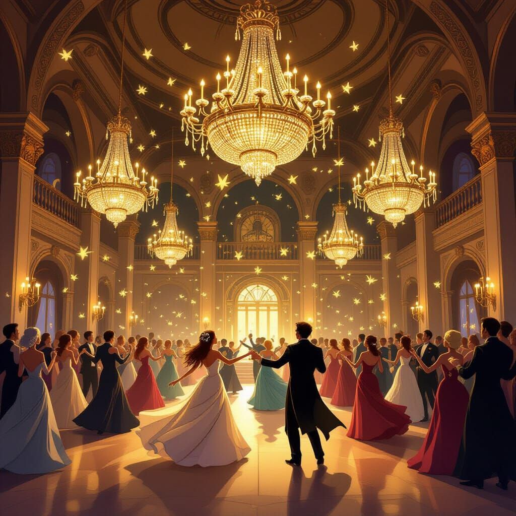 Enchanted Ballroom with Dancing Mythical Beings