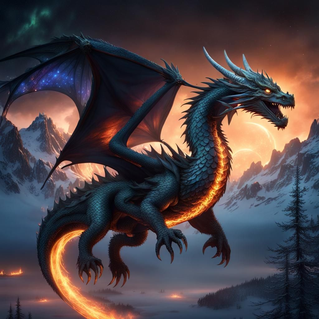 Serpentine Dragon Soaring Through the Night Sky