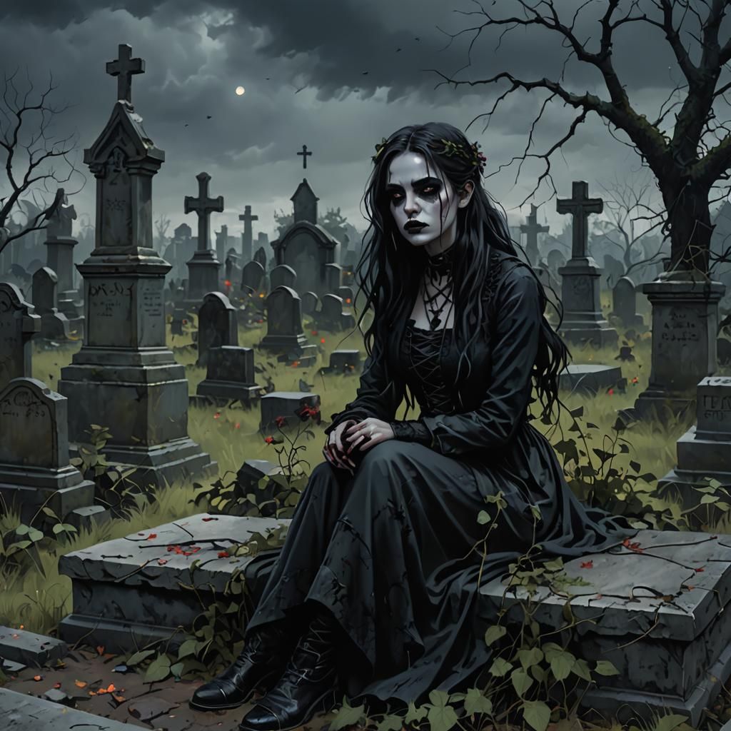 Gothic Girl in Overgrown Graveyard Concept Art