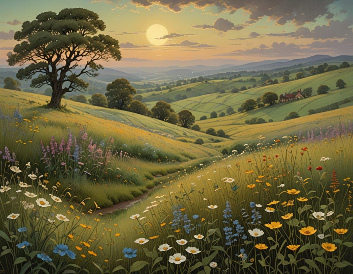 Vibrant Spring Landscape in Whimsical Watercolor Style