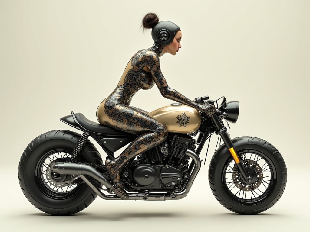 Cyborg Lady Rides Futuristic Steampunk Bike