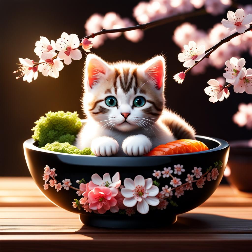 Sushi Kitten in Rice Bowl: Digital Art