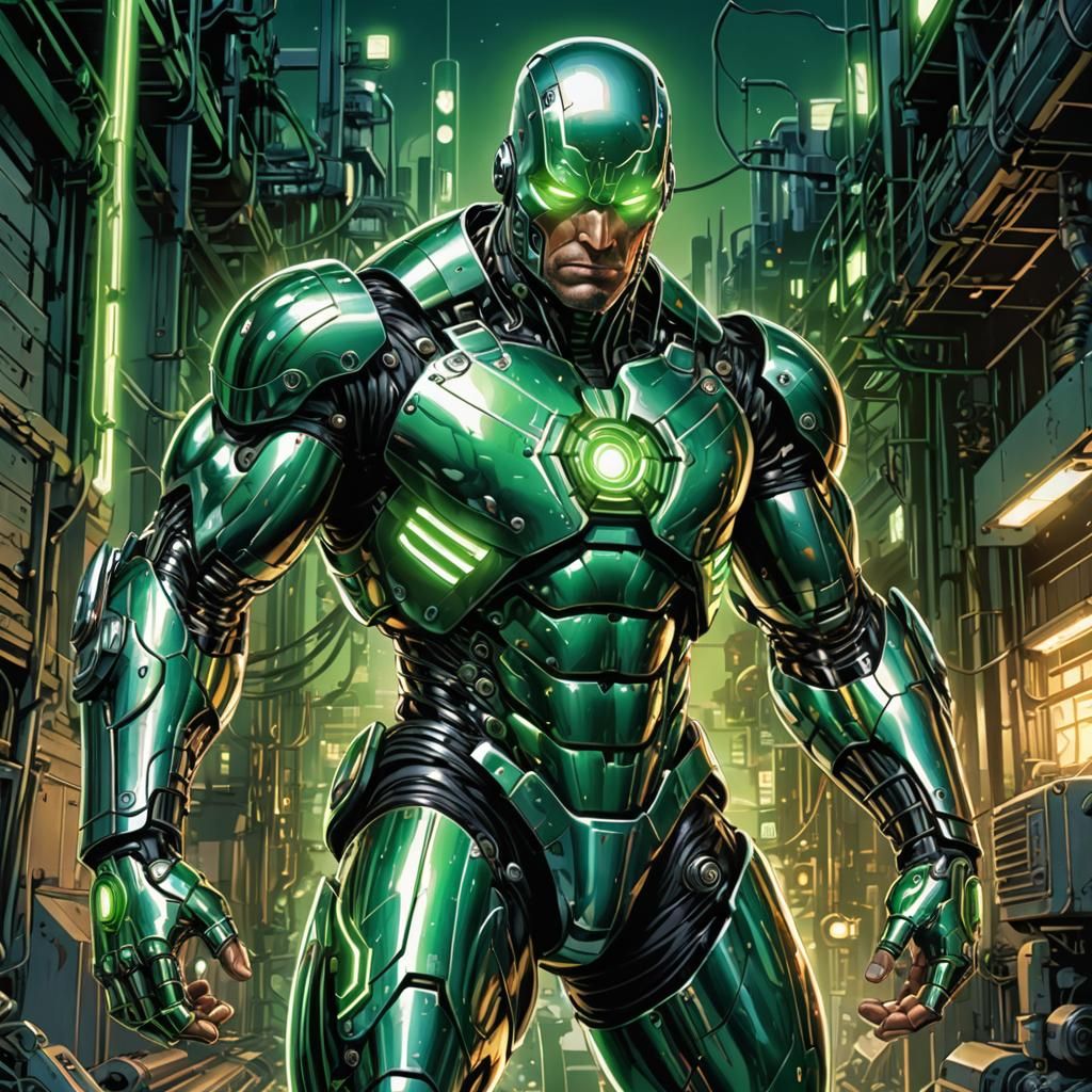 Heroic Metallic Figure in Comic Book Style