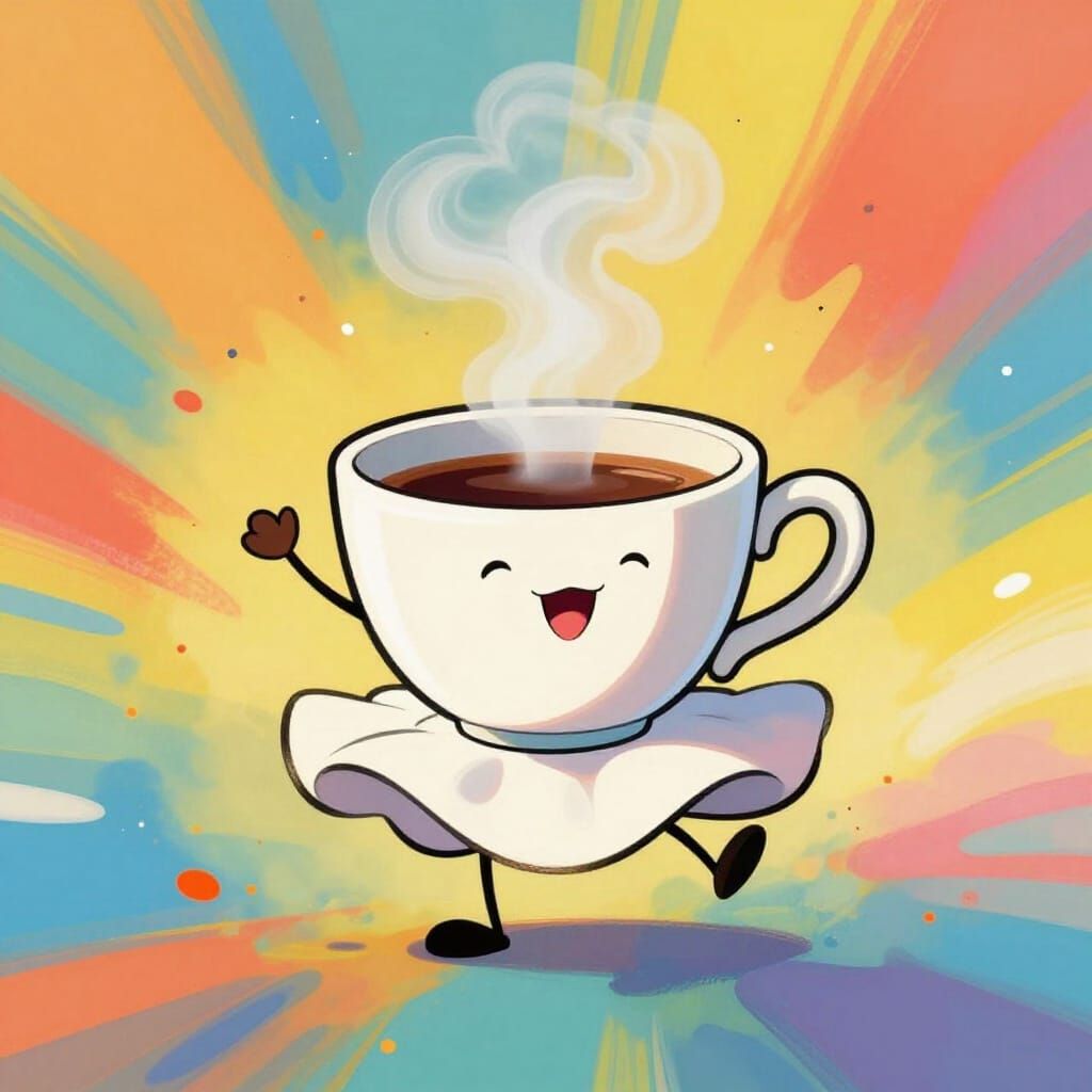 Dancing Coffee Cup in Whimsical Cartoon Style