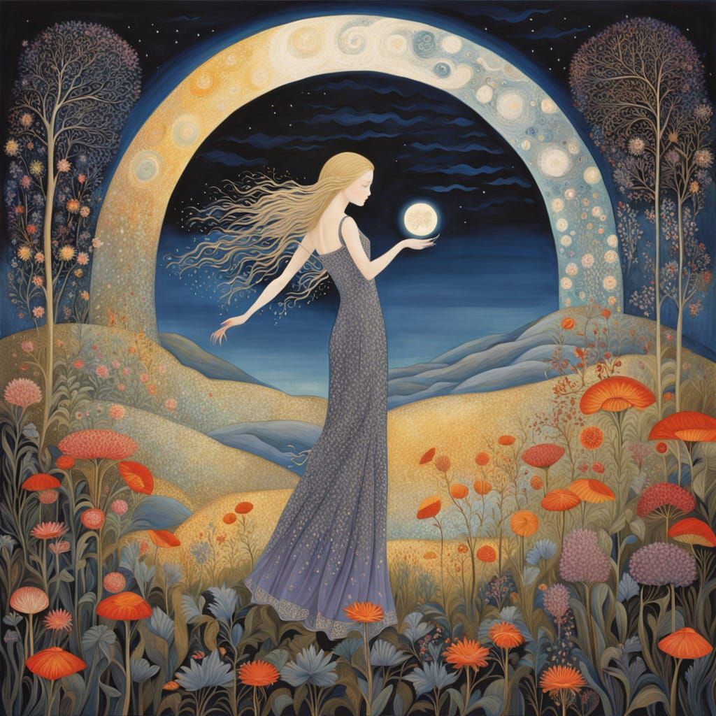 Surreal Woman Dances Amidst Vibrant, Celestial Flowers in Dr...