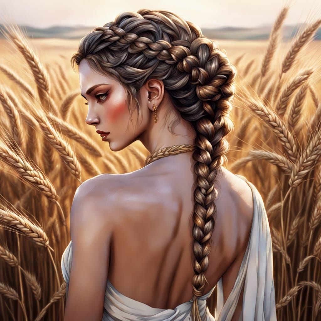 Greek Goddess Contemplates Harvest in a Field of Wheat