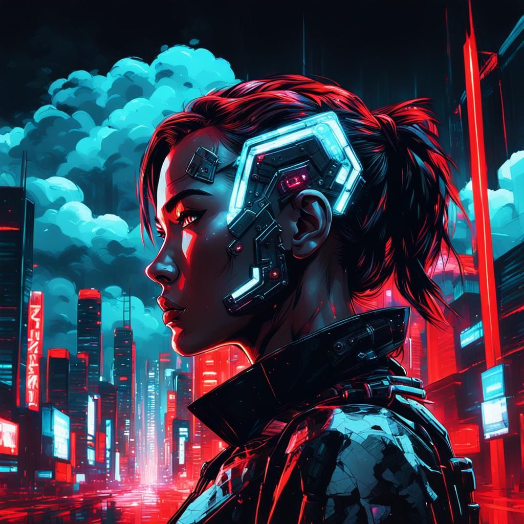Cyborg Girl Staring at Clouds in Cyberpunk Style