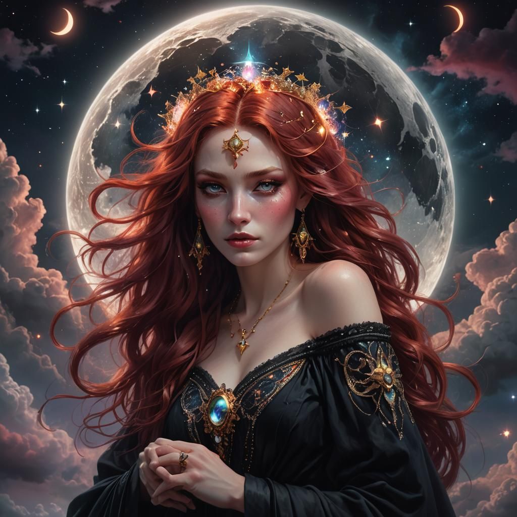 Goddess with Crystal Orb Under a Full Moon