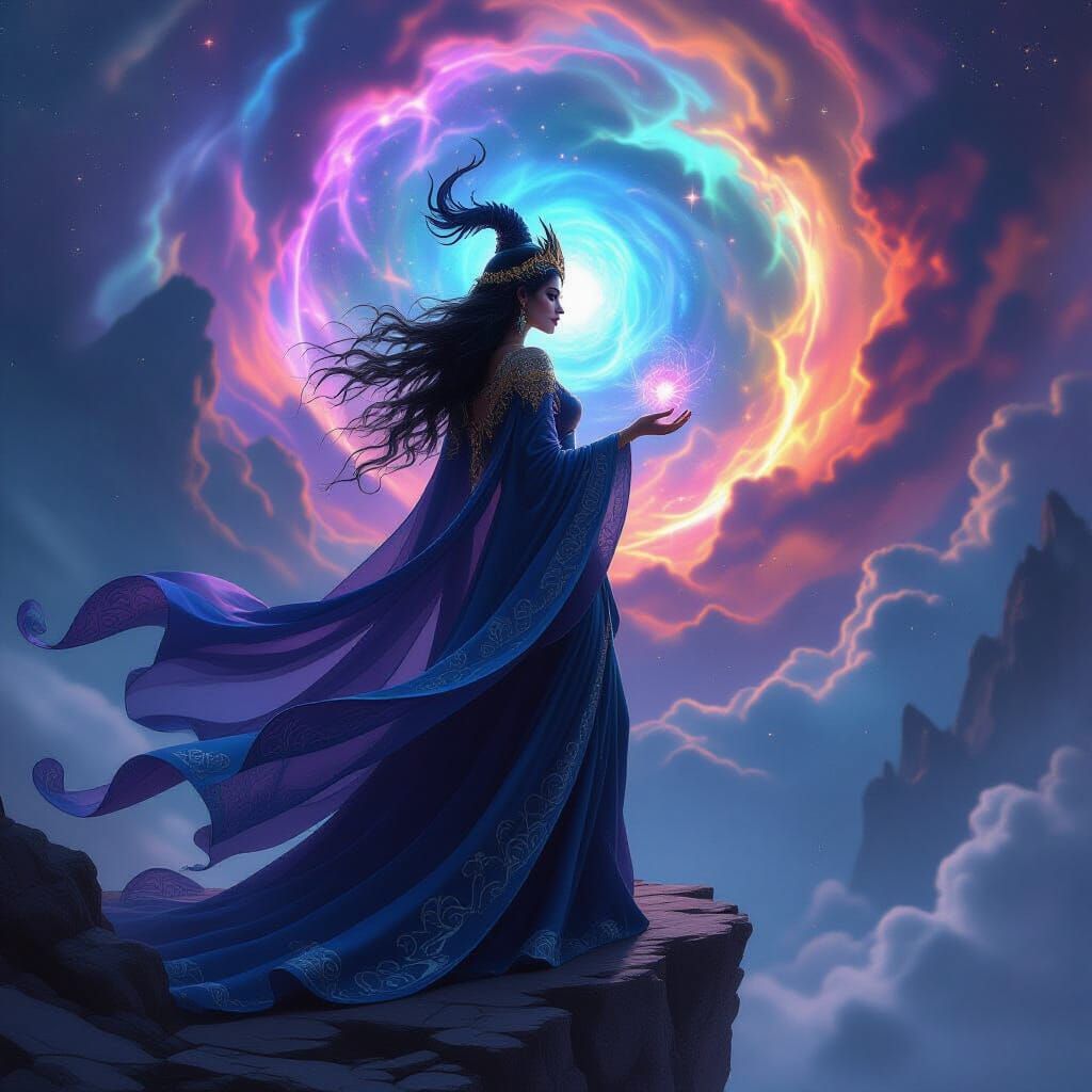 Mythological Sorceress Overlooking Cosmic Nebula