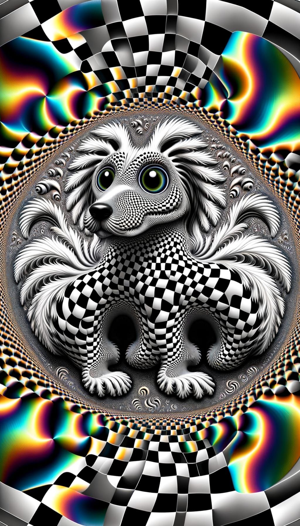 Psychedelic Fractal Dragon-Dog in Surreal Landscape