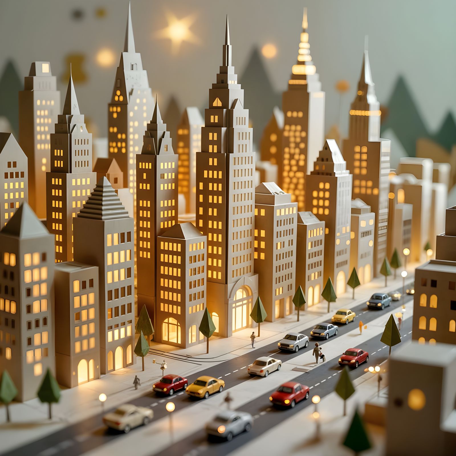 Bustling Paper Cityscape with Glowing Windows